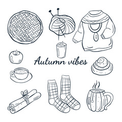 Cute autumn set of doodles cozy autumn with  candles, pie, sinabon,  cinnamon, sweater, socks.