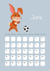 A3 Page of the wall calendar for June 2023. Cute brown rabbit or Bunny with soccer ball, symbol of the year 2023 according to the Eastern or Chinese calendar. Vector stock ready-to-print template.