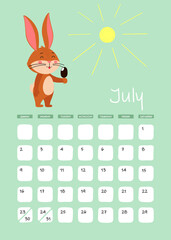 A3 Page of the wall calendar for July 2023. Cute brown rabbit or Bunny with ice cream, symbol of the year 2023 according to the Eastern or Chinese calendar. Vector stock ready-to-print template.