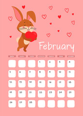 Obraz premium A3 Page of the wall calendar for February 2023. Cute brown rabbit or Bunny with heart, symbol of the year 2023 according to the Eastern or Chinese calendar. Vector stock ready-to-print template.