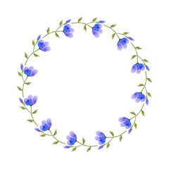 Fototapeta na wymiar Round watercolor frame with blue flowers on a white background.