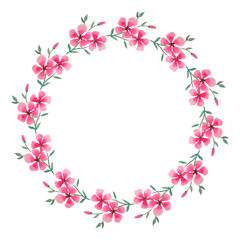 Frame of watercolor pink flowers on a white background.