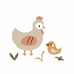 Cute hand drawn hen with chick. Funny vector illustration isolated on white background for your design