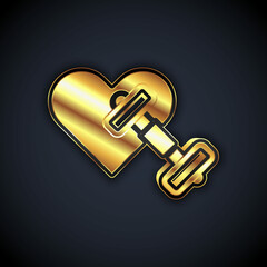 Gold Dumbbell with heart icon isolated on black background. Muscle lifting, fitness barbell, sports equipment. Vector