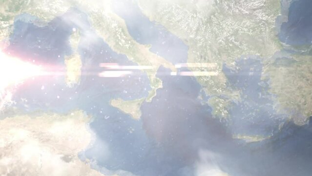 Earth zoom in from outer space to city. Zooming on Catanzaro, Italy. The animation continues by zoom out through clouds and atmosphere into space. Images from NASA