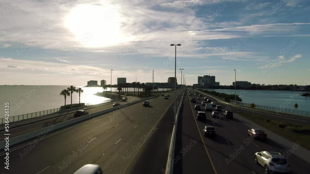 Canvas Prints ariel over hiway shot low angle at sunset with traffic