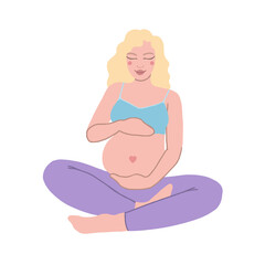 Pregnant woman with blond hair in lotus position. Healthy Pregnancy. A flat style illustration.