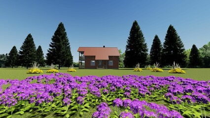 Panoramic shot of a modern farmhouse surrounded by trees and plants