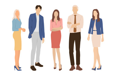 Fototapeta premium Set of young men and women, different colors, cartoon character, group of silhouettes of standing business people, students, the design concept of flat icon, isolated on white background