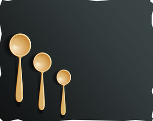 composition of wooden spoons. A black modern cutting board with a highlighted stone texture. vector realistic drawing, without background. Perfect for any advertisement, showcase, menu or board