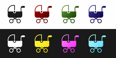 Set Baby stroller icon isolated on black and white background. Baby carriage, buggy, pram, stroller, wheel. Vector