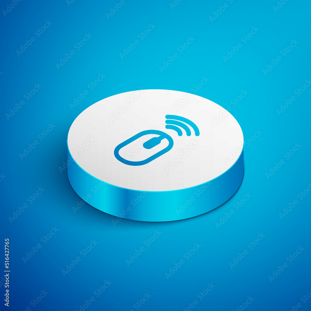 Poster isometric line wireless computer mouse system icon isolated on blue background. internet of things c