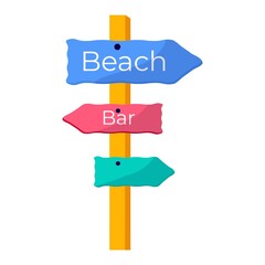 Flat road sign to summer beach and bar. Concept of summer sports and leisure outdoor activities, walking. Flat vector - 516427909