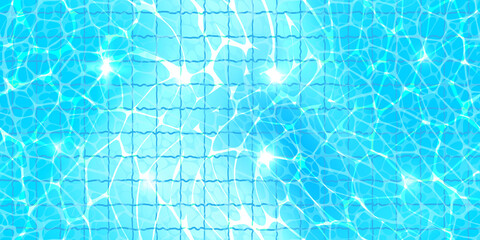 Swimming pool top view seamless pattern with sunlight glare reflect, waves and caustic ripples. Tiled bottom. Blue water surface texture. Vector background.