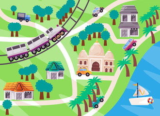 Town map with train on track with blue beach and green village roads children style illustration