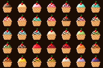 Ice cream cone pixel art set. Vector illustration.