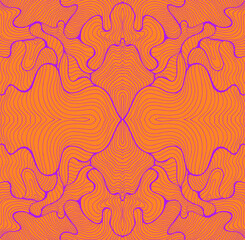 Crazy abstract lines fractal mandala pattern, purple outline, orange color background. Stylish maze wavy of ornaments.