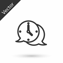 Grey line Clock with speech bubble icon isolated on white background. Time sign. Office watch or timer symbol. Vector