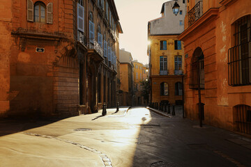 View of provence typical city Aix en Provence with old house facade in the morning