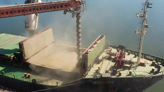 Aerial of wheat loading to bulker ship cargo hold at sea grain elevator in sea port. Wheat shipment from silo to bulk vessel via trunk at sea port terminal. Transportation of agricultural commodities.