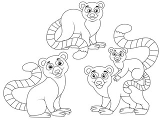 Lemur family, characters isolated. Raster illustration, page children coloring book.