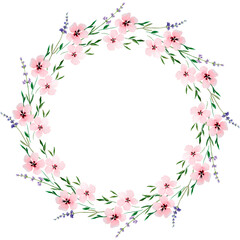 Fototapeta na wymiar Watercolor round wreath with pink flowers.