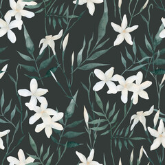 Floral seamless pattern with jasmine flowers, delicate branches and leaves. Watercolor print for textile or wallpapers. - obrazy, fototapety, plakaty