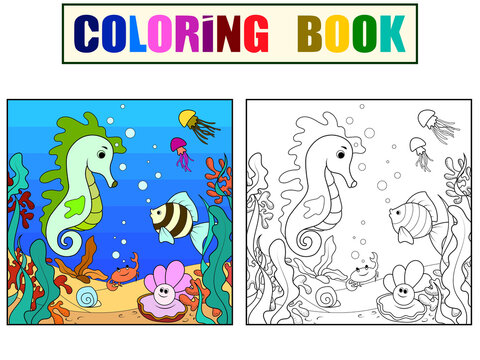 Children, seabed and its inhabitants. Color picture raster.