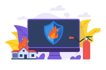 Fire protection, fire alarm online concept. Vector illustration.