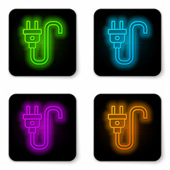 Glowing neon line Electric plug icon isolated on white background. Concept of connection and disconnection of the electricity. Black square button. Vector