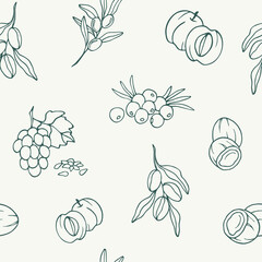 Hand drawn cosmetic oil plants seamless pattern. Almond, grape seed, apricot, coconut, olive, acai