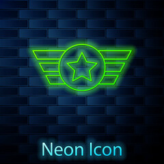 Glowing neon line Star American military icon isolated on brick wall background. Military badges. Army patches. Vector