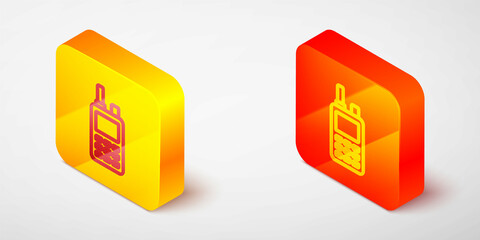 Isometric line Walkie talkie icon isolated on grey background. Portable radio transmitter icon. Radio transceiver sign. Yellow and orange square button. Vector