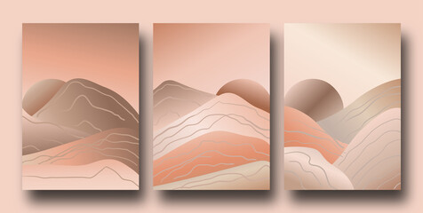 Trendy set of abstract creative nature scenes in a minimalist artistic hand drawn compositions.	