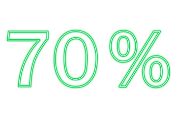 70 percent inscription isolated on white. Green line in neon style.