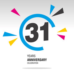 31 Years Anniversary, number in broken circle with colorful bang of confetti, logo, icon, white background