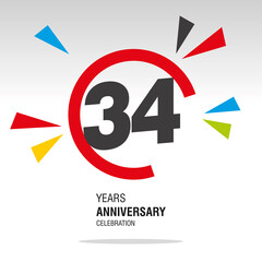 34 Years Anniversary, number in broken circle with colorful bang of confetti, logo, icon, white background