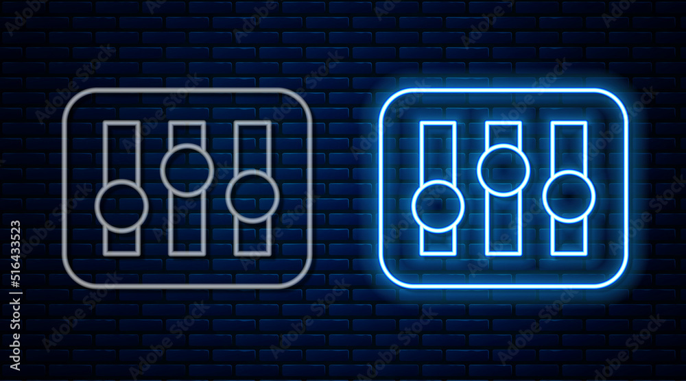 Sticker Glowing neon line Sound mixer controller icon isolated on brick wall background. Dj equipment slider buttons. Mixing console. Vector