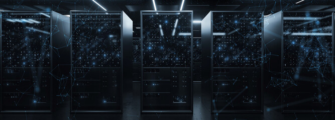Server Rack security room, data center information technology, quantum computer 3d render background. head cover picture.blue light flicker with polygon connection illustration.