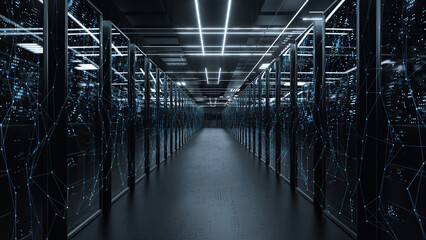 Server Rack security room, data center information technology, quantum computer 3d render background blue light flicker.