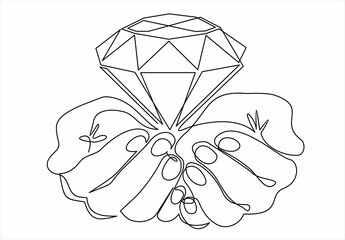 Single continuous line of hands holding a brilliant, diamond. Can used for logo, emblem, slide show and banner.One line vector illustration.