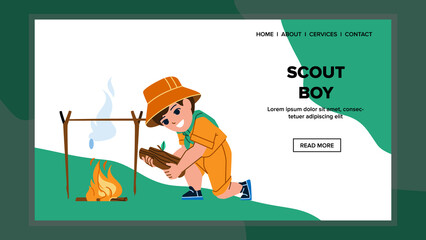 Scout Boy Child Starting Bonfire Outdoor Vector. Scout Boy Kid Start Flame And Adding Wooden Timber In Fire. Character Infant And Burning Campfire In Nature Web Flat Cartoon Illustration - obrazy, fototapety, plakaty