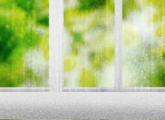 Fototapeta premium Empty table top on blur room interior with window background