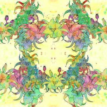 Seamless pattern. Lily flowers, buds and leaves. Floral digital art. Summer garden flowers. Use printed materials, signs, items, websites, maps.