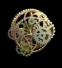 3d rendering of a golden gear wheel combination mechanism