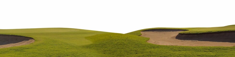 Panorama of a golf course turf isolated on white background