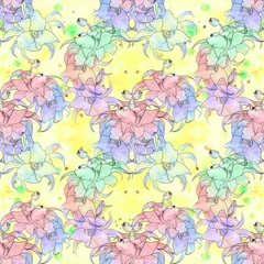 Schilderijen op glas Seamless pattern. Lily flowers, buds and leaves. Floral digital art. Summer garden flowers. Use printed materials, signs, items, websites, maps. © gvinevera88