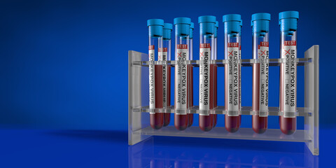 Group of test tubes on a rack with blood samples positive for monkeypox against blue background. 3D Illustration