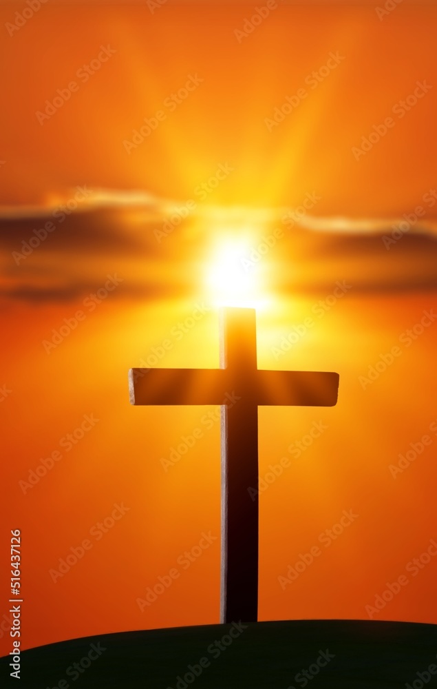 Wall mural The concept of the Christian faith. Wooden cross, mountain and light