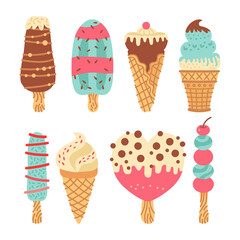 Set of different types of ice cream bar on a stick Isolated on white background. Collection of vector ice cream in waffle cones, popsicles, fruit ice, decorated with berries, chocolate or nuts.